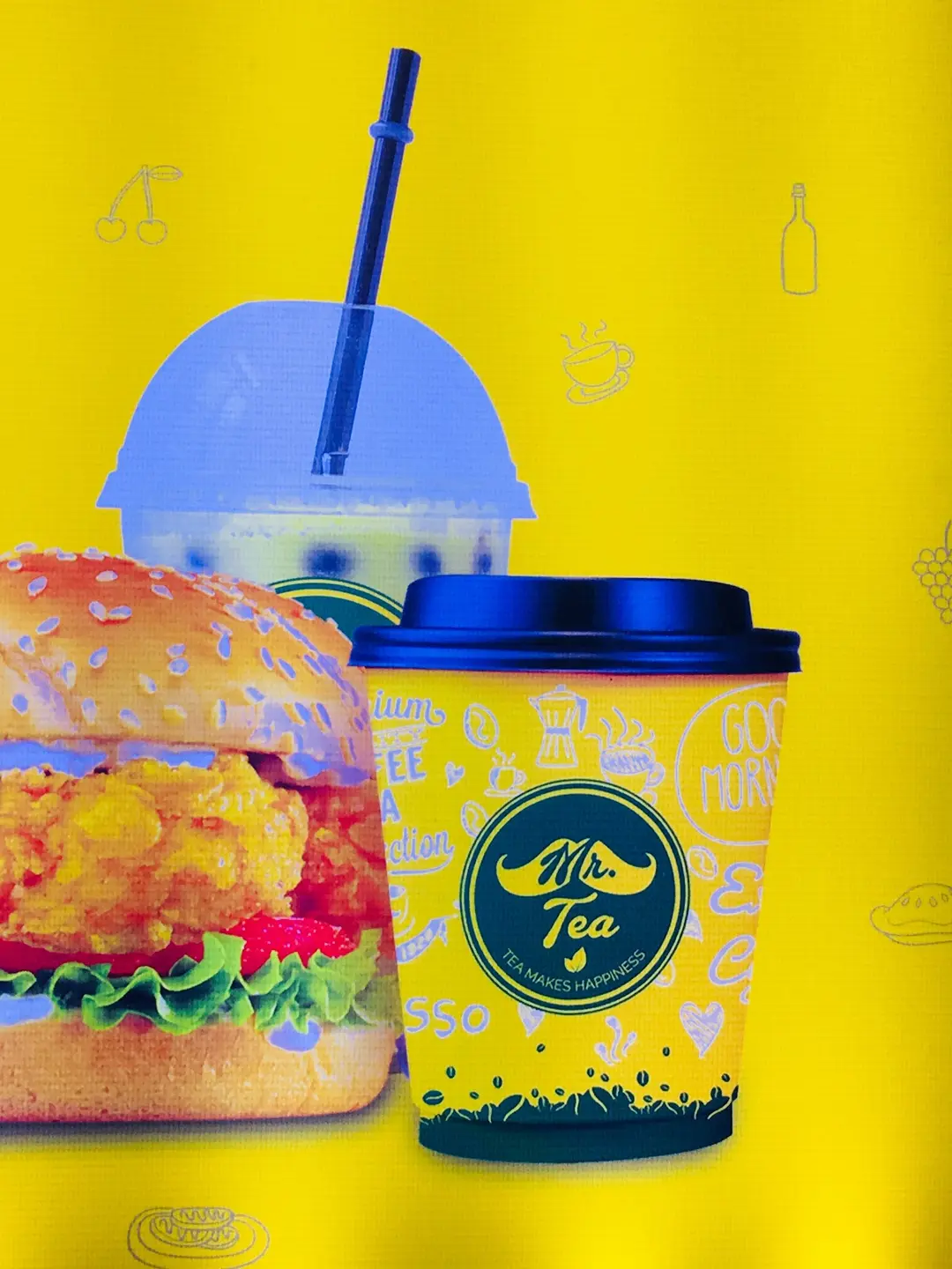 Burger, Drink, and Tea Cup