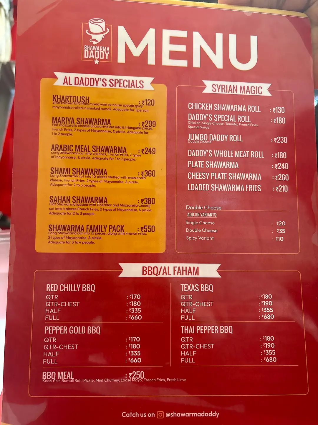 Daddy's Specials Menu