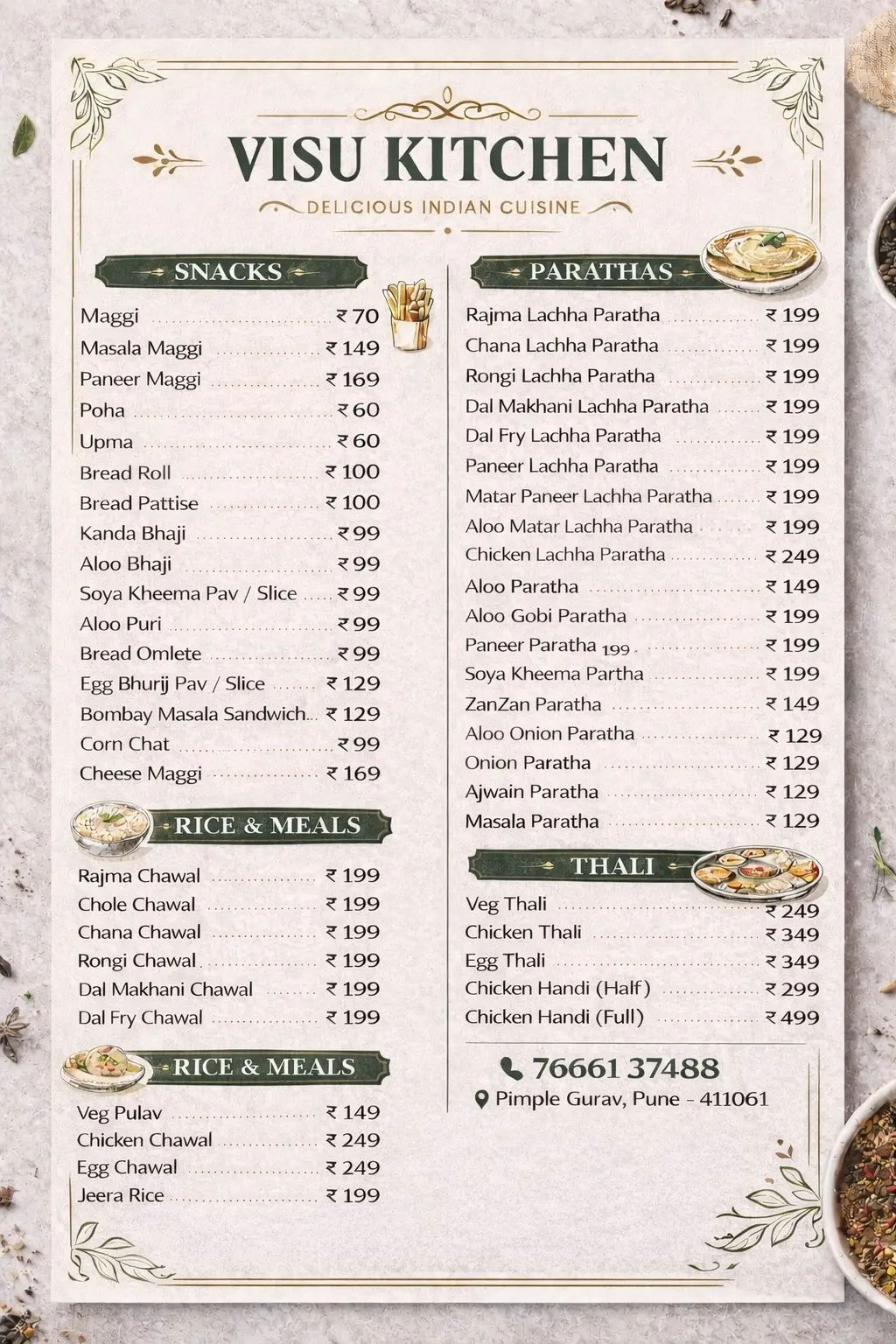 Visu Kitchen Menu Page One